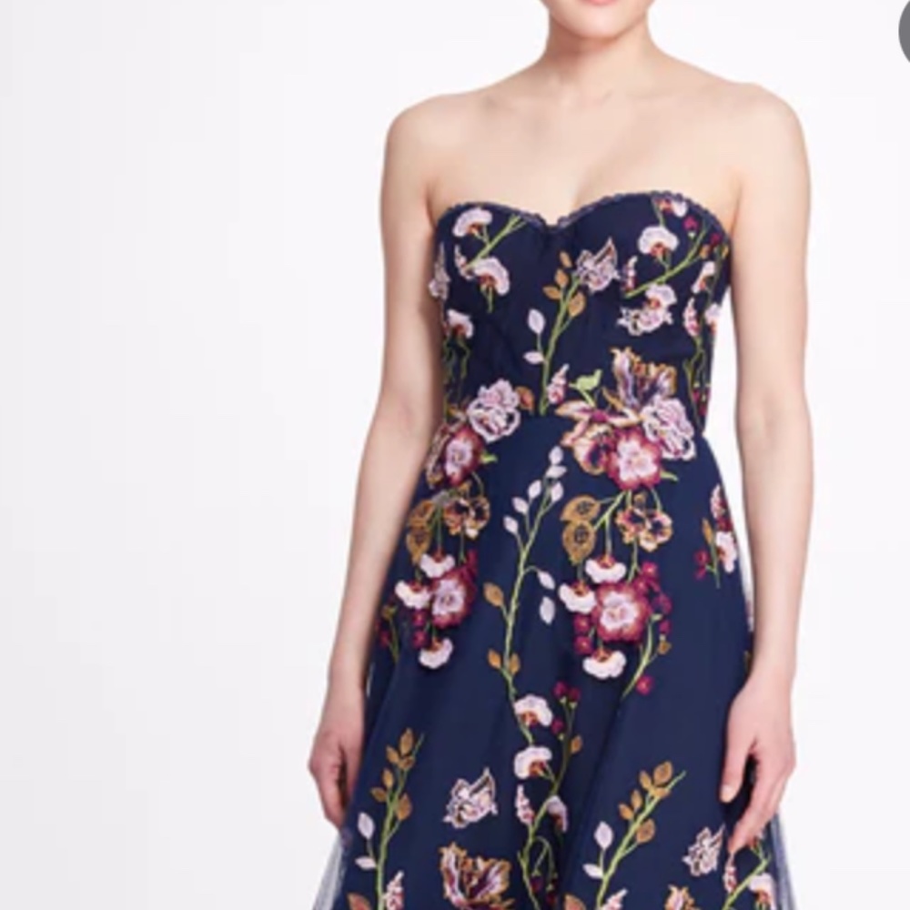 Marchesa Notte strapless high-low embroidered tulle gown